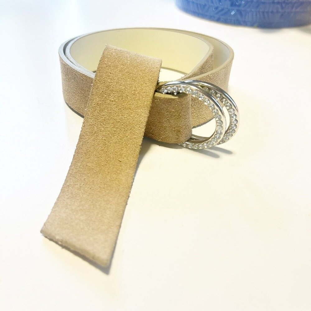 Suede Tan Leather D-ring Belt Rhinestone Studded Buckle Women Small 33” - 43”